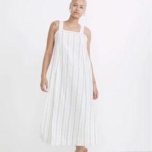 Striped Square Neck Linen-Cotton Midi Dress XS